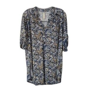 Per Seption Concept Women’s LARGE Paisley Boho Blouse 3/4 Roll Tab Sleeve Tunic